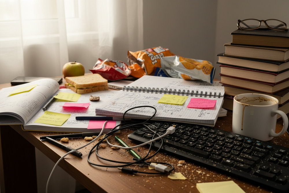 a messy desk with crumbs, desk, etc 